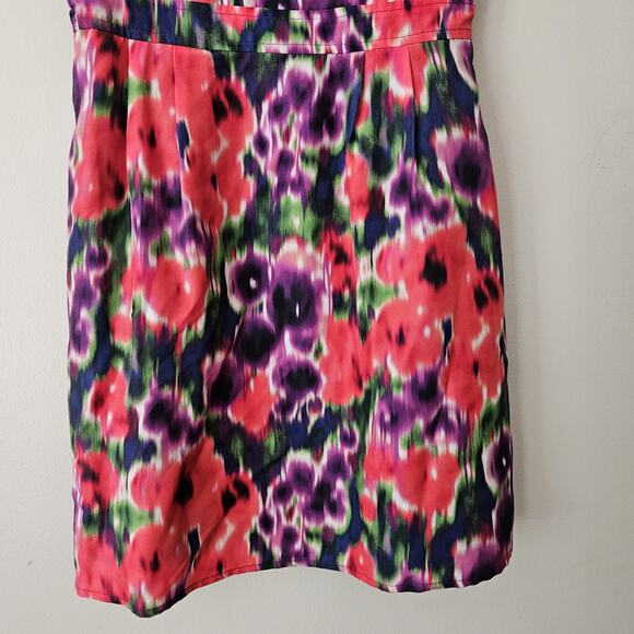 Bebe XS Floral Spaghetti Strap Mini Dress Short Colorful Zip Womens Silk - Picture 2 of 7